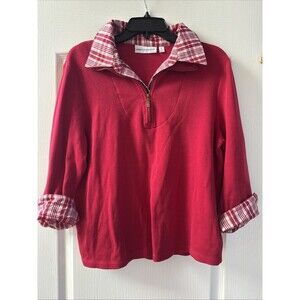Rebecca Malone Knit Sweater Top Women's Size L Red & Plaid Layered Look 1/4 Zip